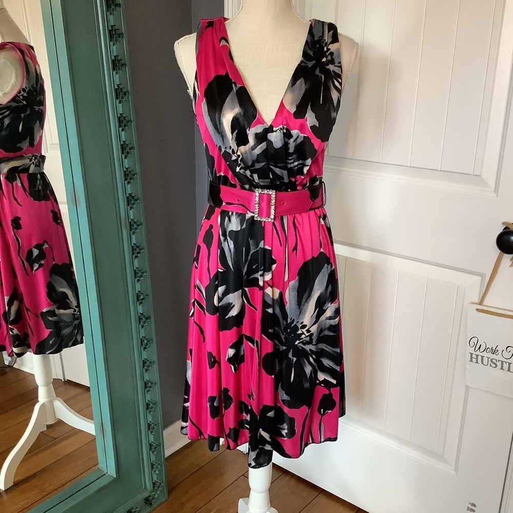 Bisou Bisou Pink and Black Floral Midi Dress